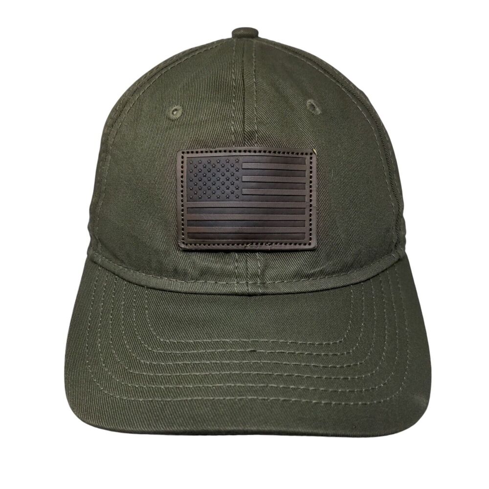 American Flag Leather Patch Strapback Hat Green O… - image 1